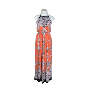 Altar'd State Boho Maxi Dress Medium Orange Blue Medallion Halter Neck Open Back